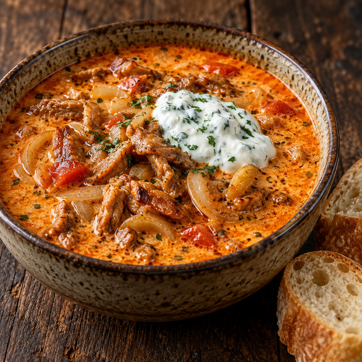 Hausgemachte Gyrossuppe mit Kräuterjoghurt und Baguette – Rezeptbild