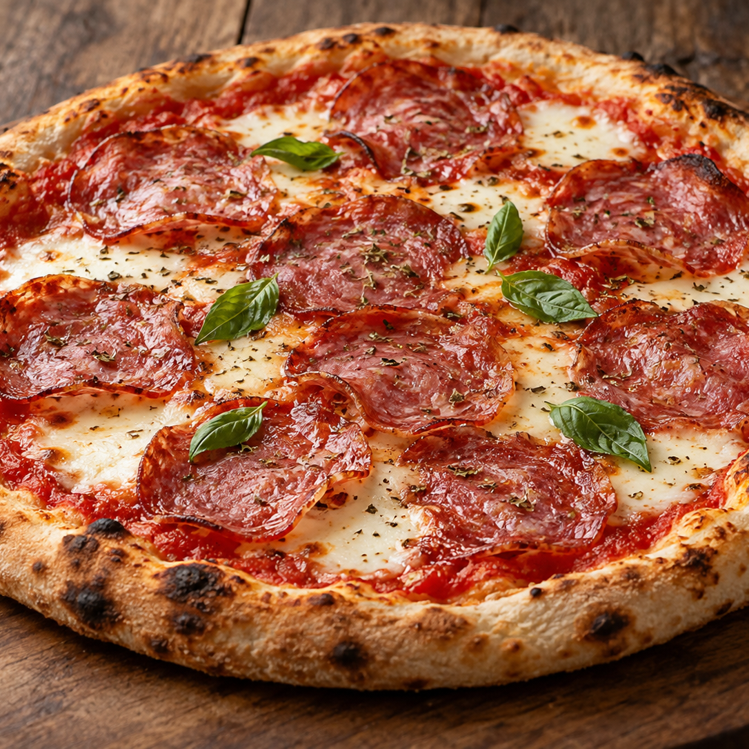 Pizza mit luftgetrockneter Salami, Mozzarella, Oregano und Basilikum