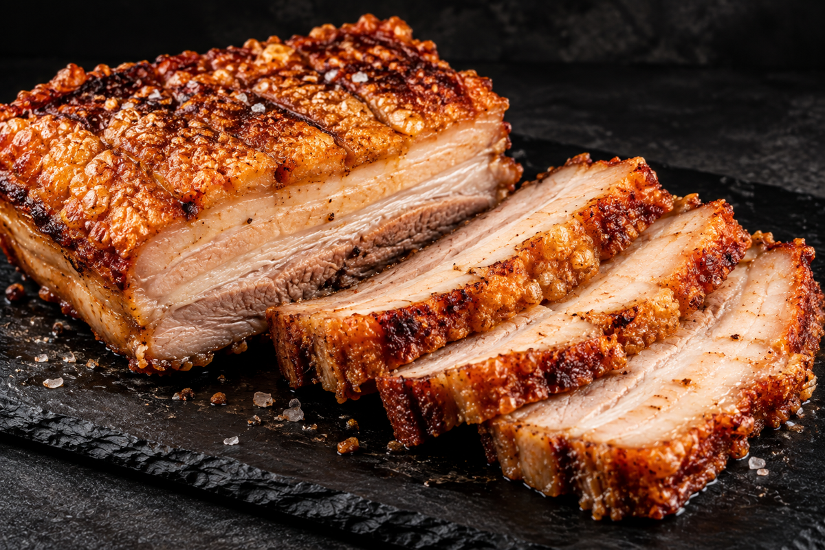 Zubereiteter Schweinebauch knusprig gebraten und aufgeschnitten auf schwarzer Schiefertafel