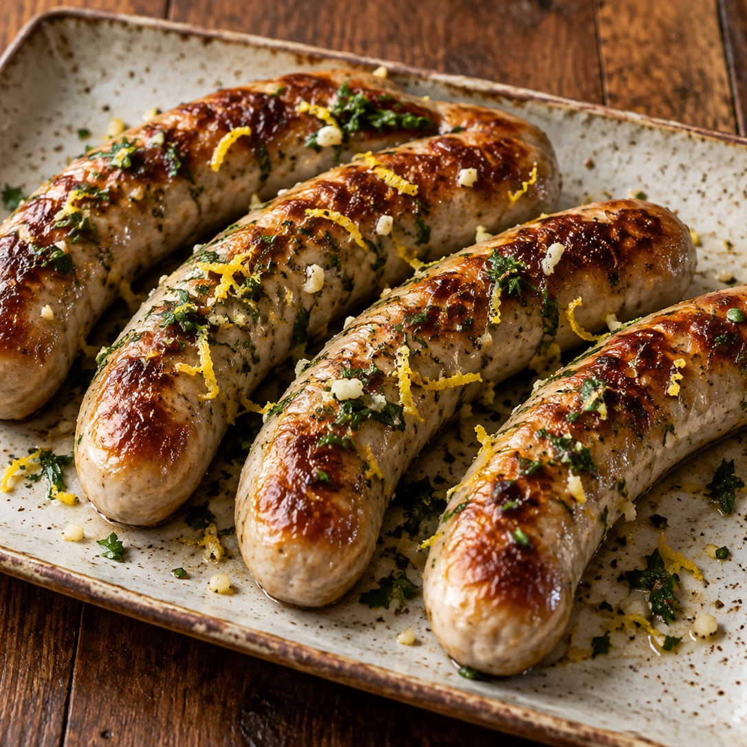 Willi Wurst mit Kräutern, Knoblauch und Zitronenabrieb aus der Pfanne