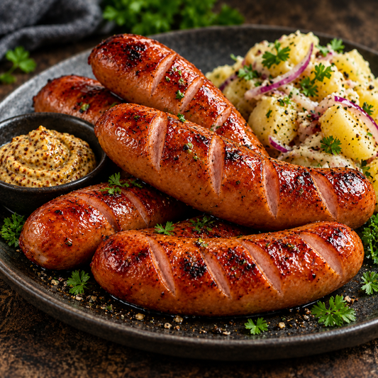 Knacker mit Senf und Kartoffelsalat – fertig zubereitet