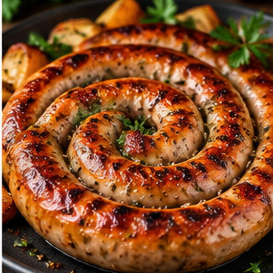 Bratwurstschnecke mit Kräutern und Zitrone vom Grill – fertig zubereitet