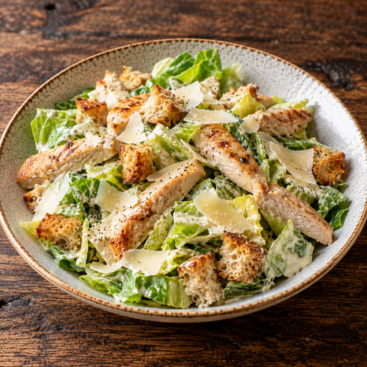 Caesar-Salat mit saftigen Putenstreifen, Romana, Parmesan und Croutons