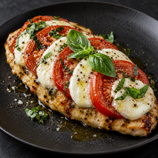 Caprese-Hähnchen mit Tomate, Mozzarella und Basilikum – fertig zubereitet