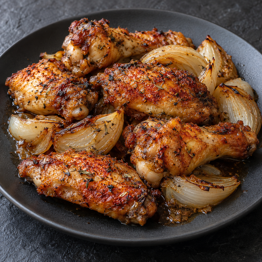 Chicken Wings mit Paprika und Kräutern, dazu weiche geröstete Zwiebelspalten