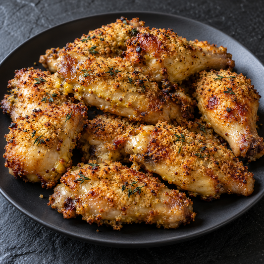 Chicken Wings aus dem Backofen mit goldbrauner Senf-Brösel-Kruste und Thymian