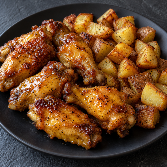 Marinierte Chicken Wings mit Honig-Senf-Glasur und knusprigen Kartoffelwürfeln