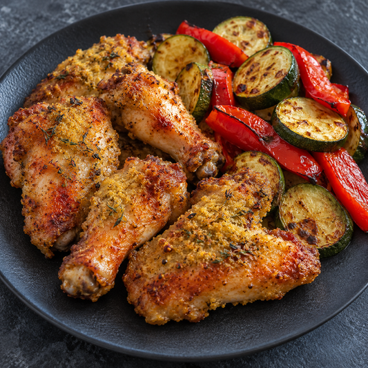Marinierte Chicken Wings mit Senf-Brösel-Kruste, gerösteter Zucchini und roter Paprika