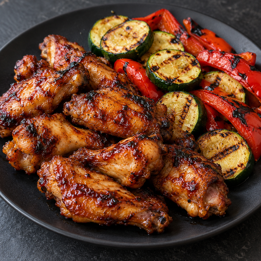 Marinierte Chicken Wings mit BBQ-Glasur, gegrillter Zucchini und Paprika