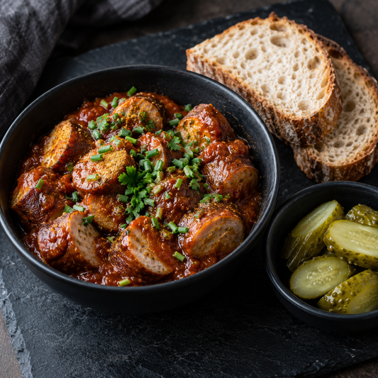 Warme Currywurst mit Currysauce, Petersilie und Schnittlauch neben Bauernbrot und Gewürzgurken