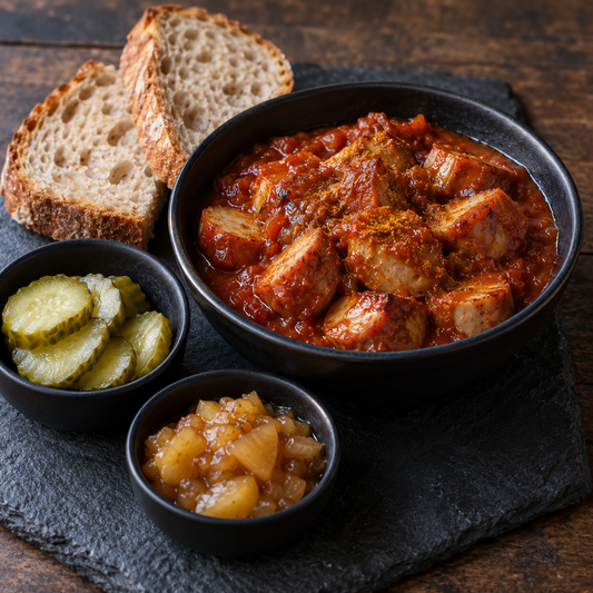 Warmes Currywurst-Brotzeitbrett mit Chutney – heiße Currywurst mit Sauce und den im Rezept beschriebenen Begleitern