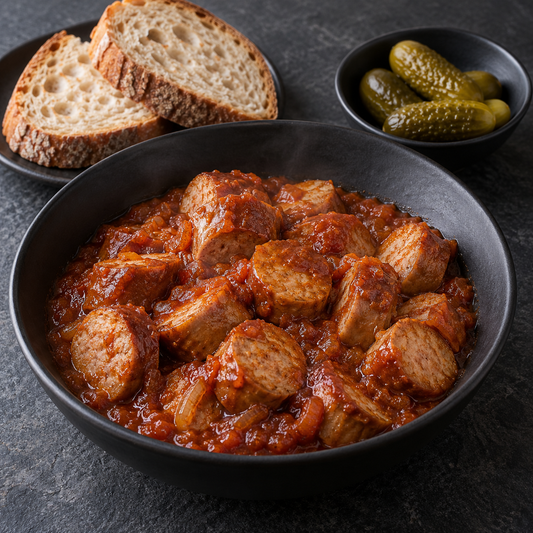 Klassische warme Currywurst-Brotzeit – heiße Currywurst mit Sauce und den im Rezept beschriebenen Begleitern
