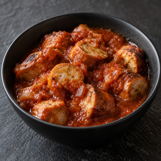 Currywurst to Go in der Grillschale erwärmen – heiße Currywurst mit Sauce und den im Rezept beschriebenen Begleitern