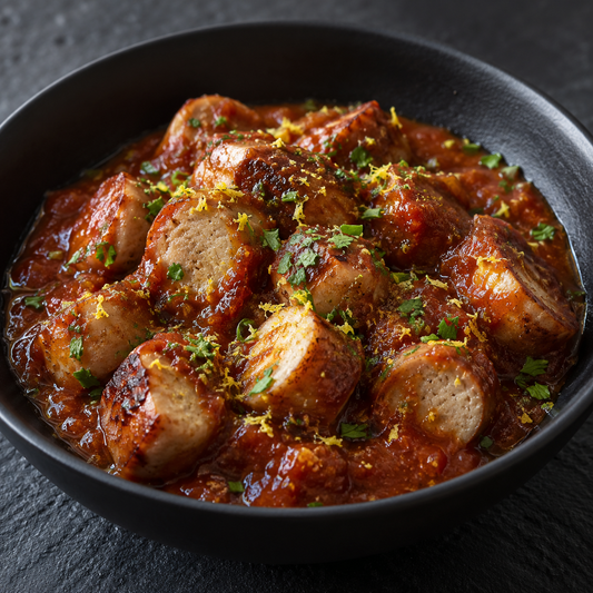 Currywurst aus der Grillschale mit Kräutern & Zitrone – heiße Currywurst mit Sauce und den im Rezept beschriebenen Begleitern