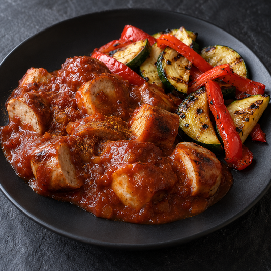 Currywurst mit BBQ-Sauce & Grillgemüse – heiße Currywurst mit Sauce und den im Rezept beschriebenen Begleitern