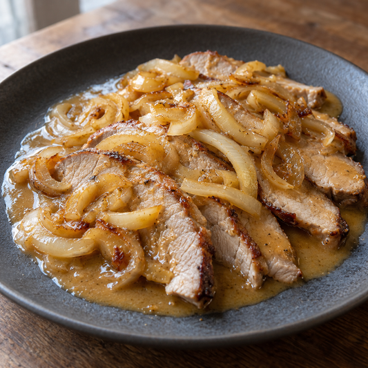 Cuscino aus der Pfanne mit Zwiebel-Senf-Sauce – durchgegarter Schweinecut in dünnen Scheiben mit der passenden Würzung
