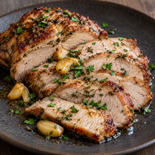 Cuscino aus der Pfanne mit Kräutern und Knoblauch – durchgegarter Schweinecut in dünnen Scheiben mit der passenden Würzung