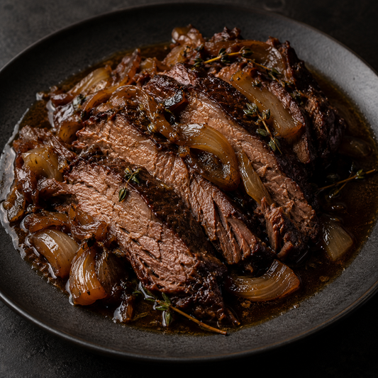 Falsches Filet mit Senf-Kruste, Zwiebeln und Kräutern – fertig zubereitet
