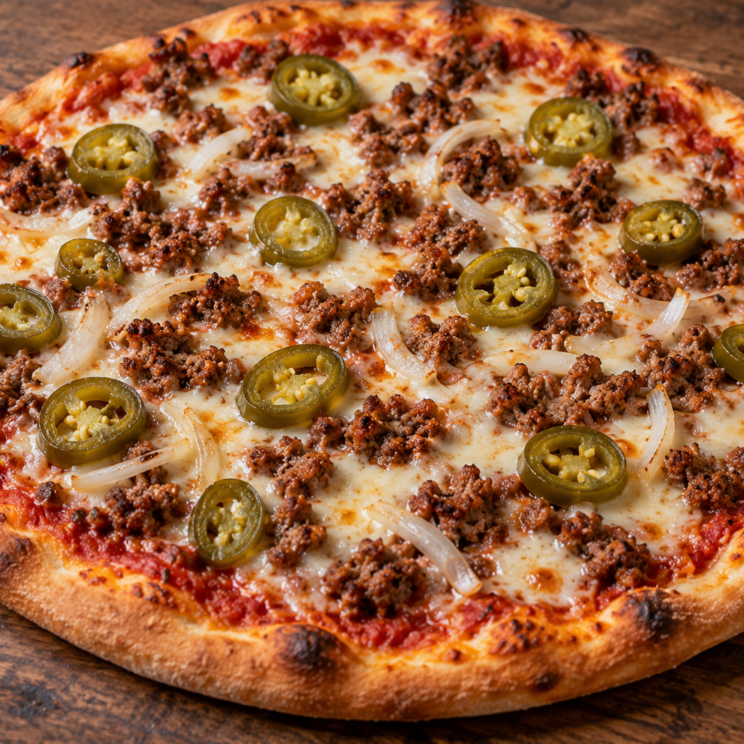 Hackfleisch-Pizza mit Jalapeño, Zwiebel und Käse