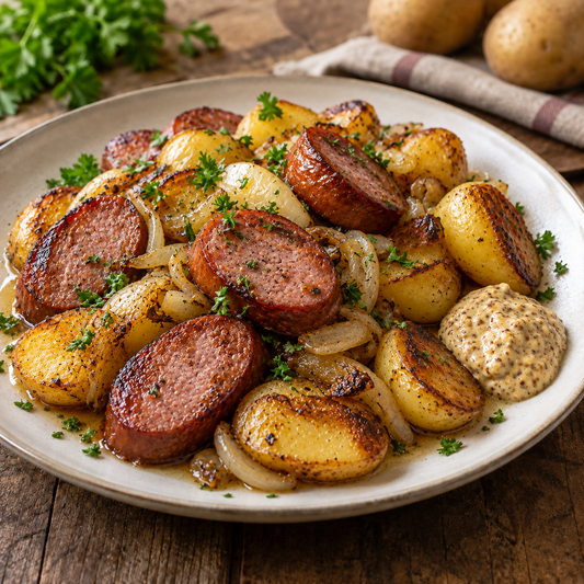 Hammerhütter mit knusprigen Kartoffeln, Zwiebeln und Senf