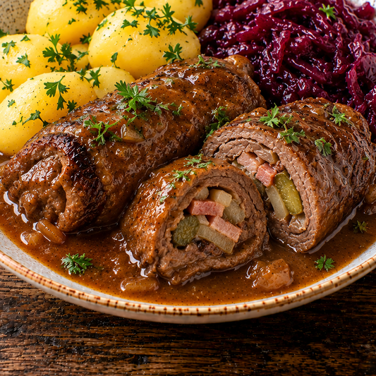 Hof-Rind Rinderroulade mit Kräutern und Knoblauch aus dem Backofen