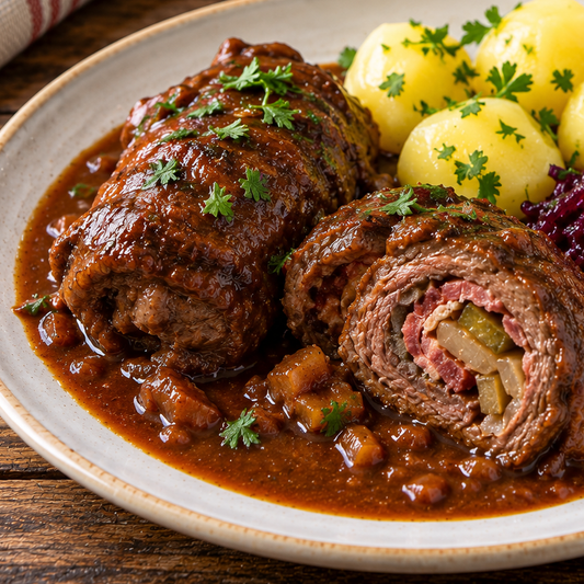 Hof-Rind Rinderroulade mit Senf-Kruste aus dem Backofen