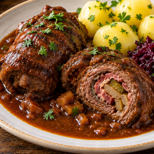 Hof-Rind Rinderroulade mit Zwiebeln und Kräutern geschmort