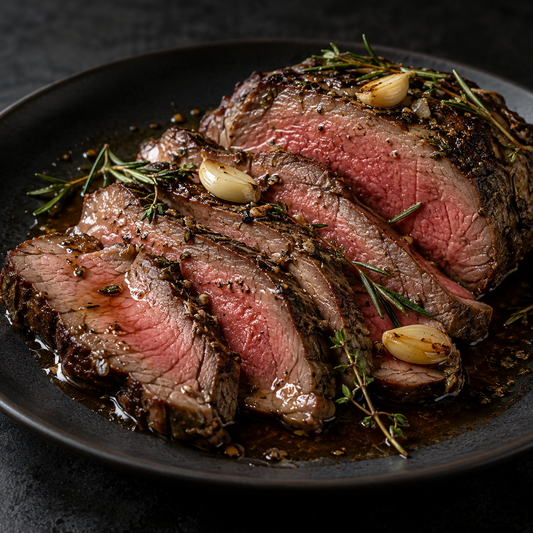 Knoblauchbutter-Rumpsteak mit Kräutern – fertig zubereitet