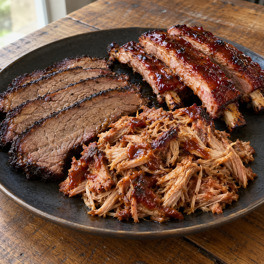 Fertige Holy-Trinity-Platte mit Brisketscheiben, Pulled Pork und Spareribs – BBQ-Glasur