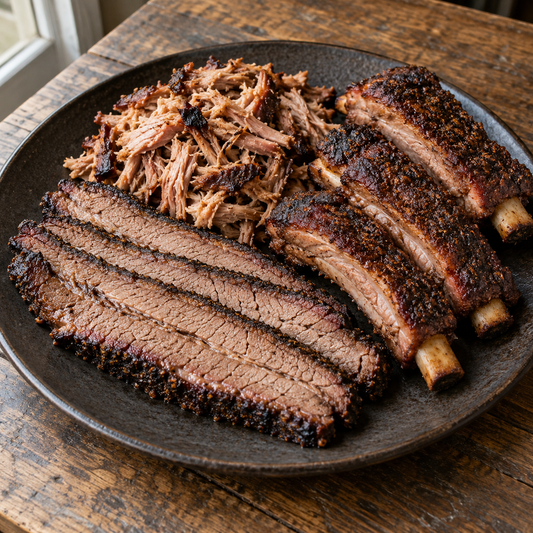 Fertige Holy-Trinity-Platte mit Brisketscheiben, Pulled Pork und Spareribs – klassische BBQ-Kruste