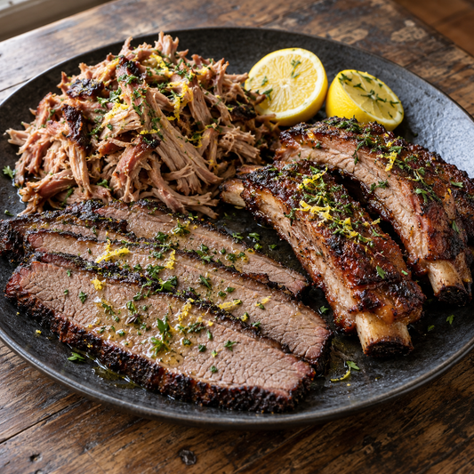 Fertige Holy-Trinity-Platte mit Brisketscheiben, Pulled Pork und Spareribs – Kräuter und Zitrone