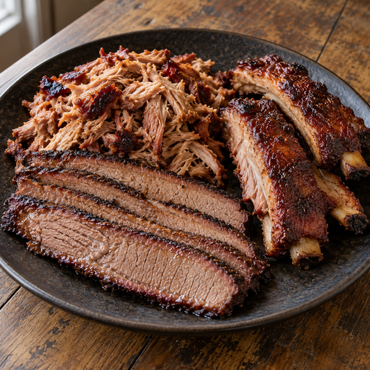 Fertige Holy-Trinity-Platte mit Brisketscheiben, Pulled Pork und Spareribs – dünner BBQ-Mop