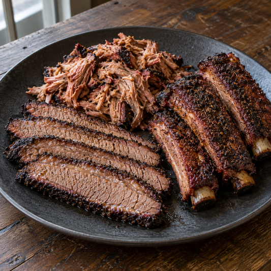 Fertige Holy-Trinity-Platte mit Brisketscheiben, Pulled Pork und Spareribs – Pfeffer-Rauch-Kruste