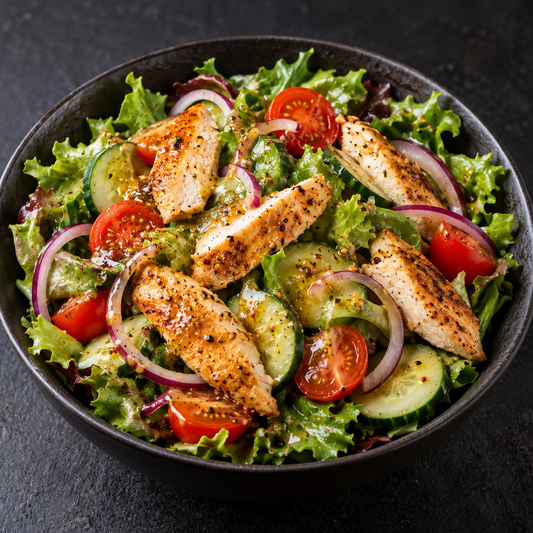 Honig-Senf-Salat mit gebratener Hähnchenbrust, Gurke, Cherrytomaten und roter Zwiebel