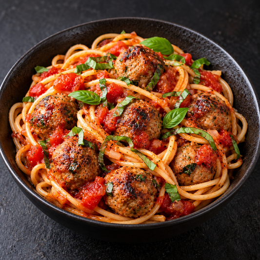 Italienische Hackbällchen im Airfryer mit Tomatensauce und Pasta