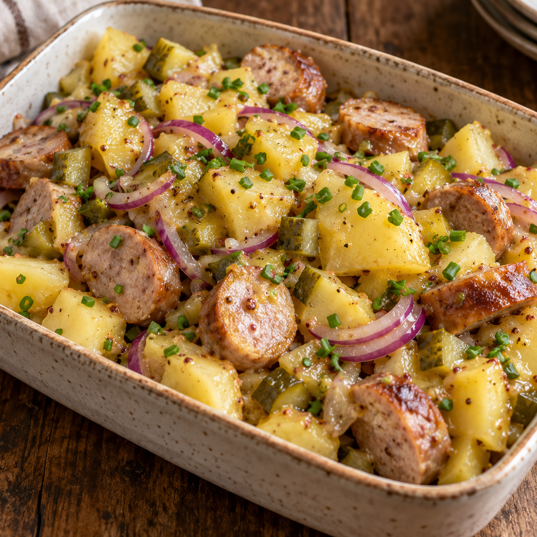 Lauwarmer Kartoffelsalat mit Willi Wurst, roten Zwiebeln, Gewürzgurken und Schnittlauch