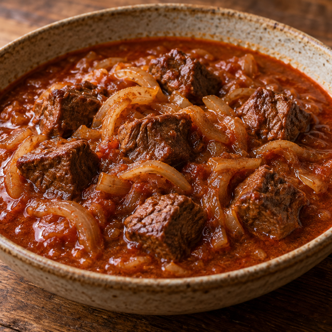 Klassisches Rindergulasch mit geschmorten Zwiebeln