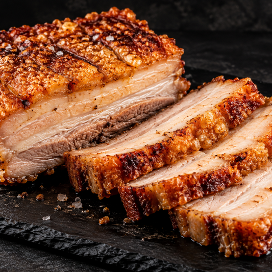 Knuspriger Pork Belly aus dem Backofen auf dunkler Schieferplatte