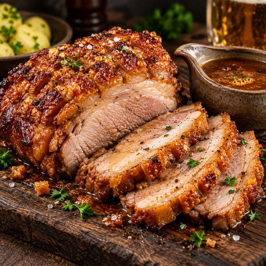 Krustenbraten vom Grill mit knuspriger Schwarte und Biersauce
