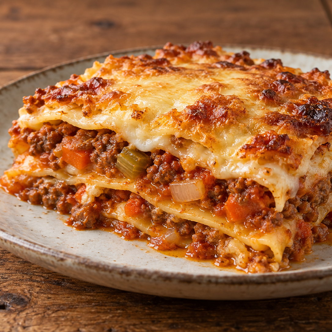 Lasagne Bolognese mit Hackfleisch, Béchamelsauce und Käse