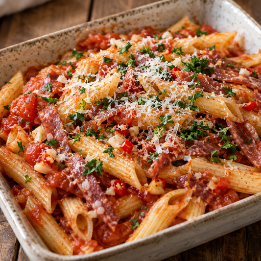 Pasta Arrabbiata mit luftgetrockneter Salami, Chili, Petersilie und Parmesan