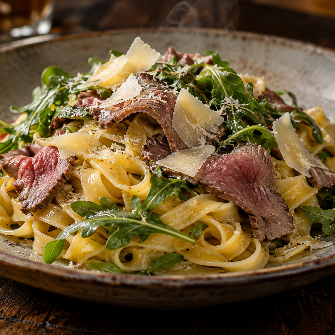 Tagliatelle mit Hof-Rind Entrecôte und Parmesan