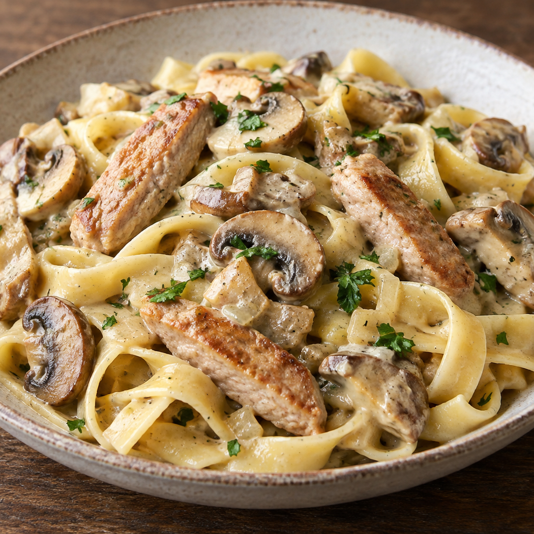 Pilz-Pasta mit Schweinefilet, Champignons, Sahnesauce und Petersilie