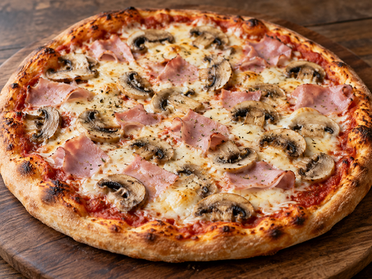 Pizza mit Kochschinken, Champignons, Mozzarella und Oregano