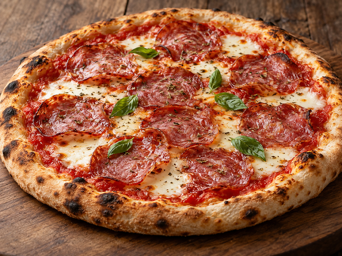 Pizza mit luftgetrockneter Salami, Mozzarella, Oregano und Basilikum