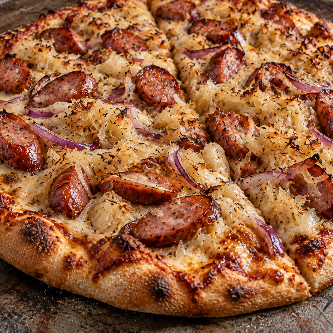Herzhafte Pizza mit Mettenden und Sauerkraut