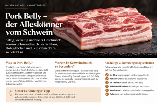 Pork Belly – Schweinebauch ohne Knochen auf schwarzer Schiefertafel
