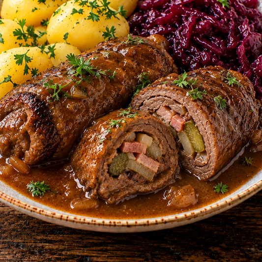 Rinderroulade in dunkler Sauce mit Wurzelgemüse