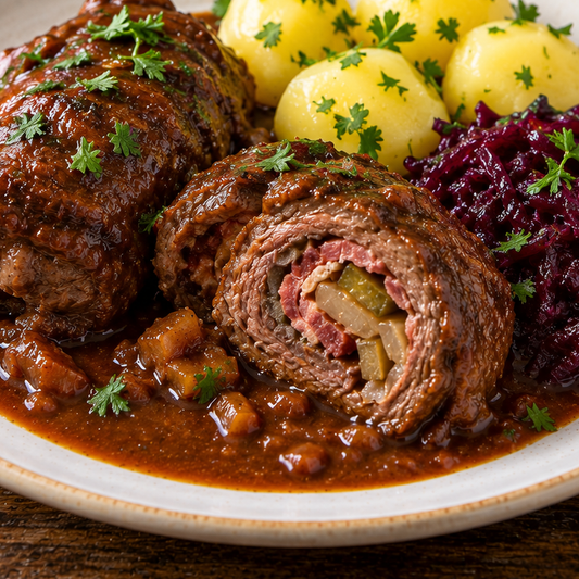 Klassische Rinderroulade mit Senf, Speck und Gurke