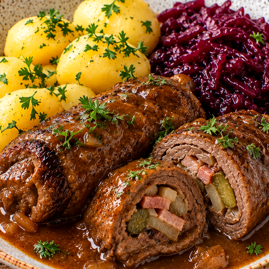 Rinderroulade mit Senf-Kruste aus dem Backofen